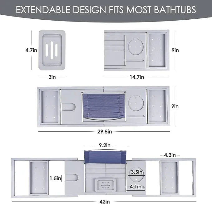 Foldable Bathtub Caddy Tray, Bamboo Bath Tub Tray Table for Tub with Wine Glass Holder Book Phone Tablet Holder with Extending Sides, Adjustable Bathroom Bathtub Free Soap Holder Gift Idea (Grey) - ModernBath