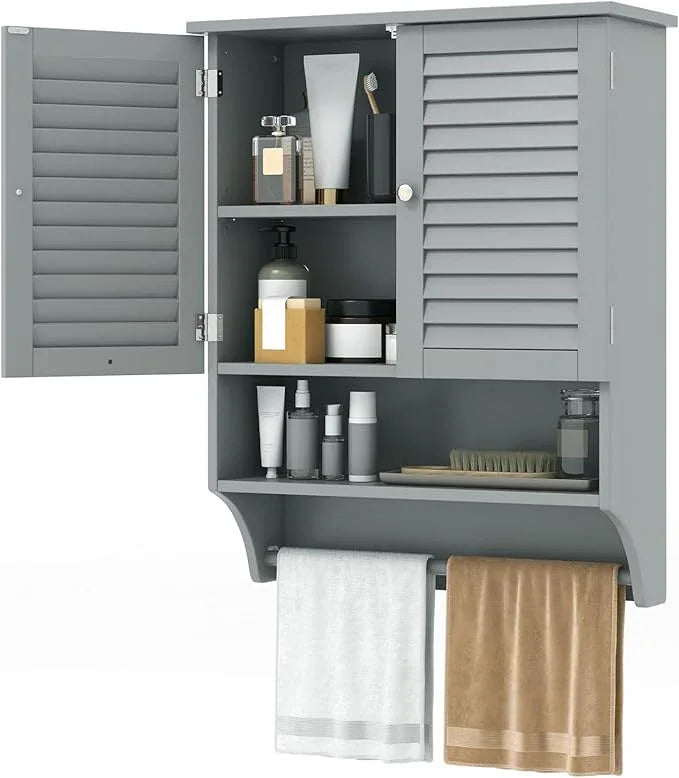 Tangkula Wall Mounted Bathroom Cabinet with Open Shelf & Bar, Medicine Cabinet with Double Louvered Doors, Wall Storage Cabinet with Adjustable Shelf, for Bathroom Living Room Kitchen (Grey) - ModernBath