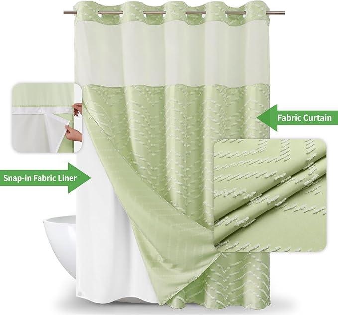 Extra Long No Hook Boho Shower Curtain with Snap-in Fabric Liner Set,71x86,White Woven Fabric Tufted Chevron Striped Design,Modern Chic Minimalist Bathroom Curtain,71x86,Sage Green - ModernBath