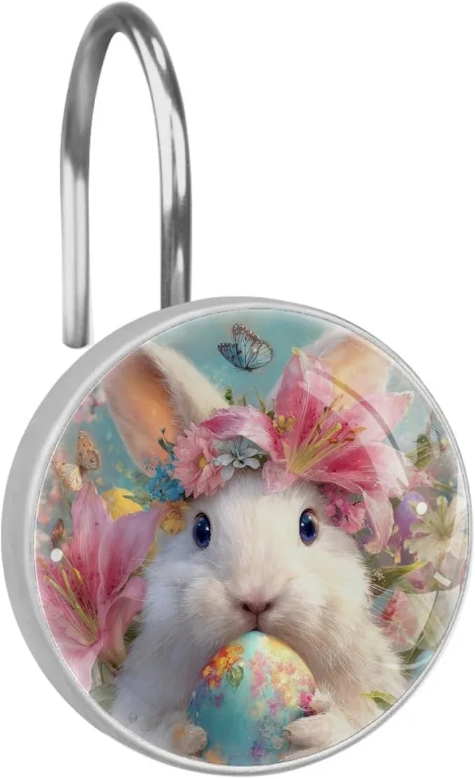 Easter Rabbit and Flowers Shower Curtain Hooks 12Pcs, Decorative Rust Resistant Shower Rings for Shower Curtain Rods, Stainless Steel Round Curtain Hooks for Bathroom, Bedroom, Farmhouse - ModernBath
