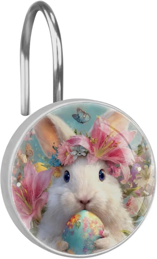 Easter Rabbit and Flowers Shower Curtain Hooks 12Pcs, Decorative Rust Resistant Shower Rings for Shower Curtain Rods, Stainless Steel Round Curtain Hooks for Bathroom, Bedroom, Farmhouse - ModernBath