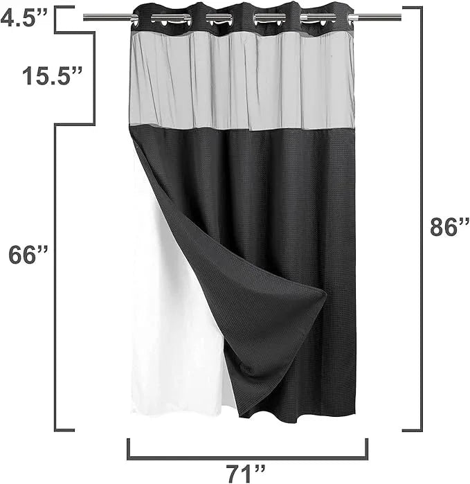 River Dream Heavyweight No Hooks Required Dotted Waffle Weave Shower Curtain with Snap in Liner -Extra Long 71W x 86H,Hotel Grade,Spa Like Bath Curtain,Black - ModernBath