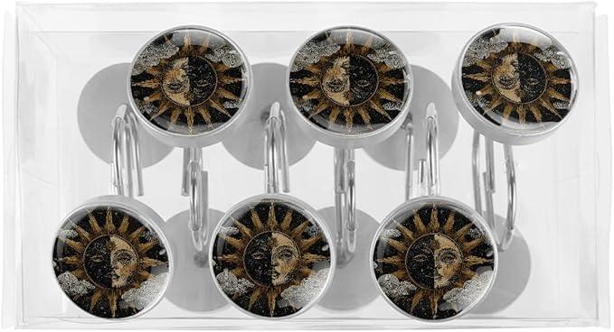 Vintage Boho Sun Shower Curtain Hooks, 12Pcs Decorative Rust Resistant Shower Rings for Shower Curtain Rods, Stainless Steel Round Curtain Hooks for Bathroom, Bedroom, Farmhouse - ModernBath