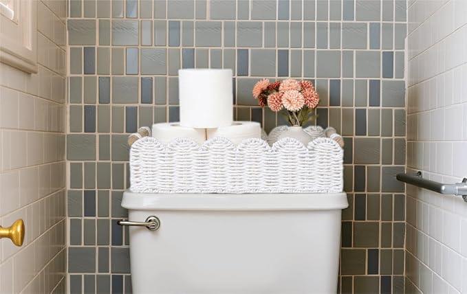 CubesLand Decorative Toilet Paper Storage Basket, Modern Farmhouse Home Decor Basket for Organizing, Scalloped Pantry Baskets for Shelves, Countertop, Living Room, w/Wood Handles, White 2 Sizes - ModernBath