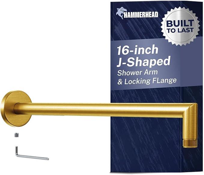 HammerHead Showers® Solid Metal 16 Inch Extended Shower Arm and Flange with Set Screw, Long Shower Arm, Extends Rain Shower Overhead, Wall-Mounted Rain Shower Arm, Brushed Gold - ModernBath