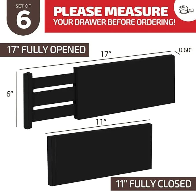 6 Pack Drawer Dividers 6 Inch High, 11”-17" Adjustable Bamboo Organizers Large Expandable Drawer Separators for Cloths, Dresser, Bedroom, Bathroom, Baby Drawer, Office & Kitchen Utensils (Black) - ModernBath