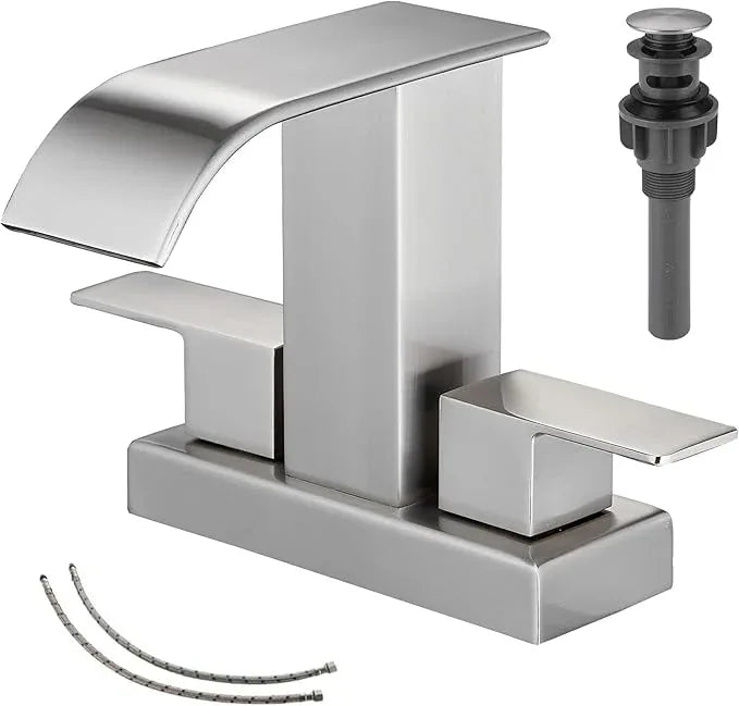 Bathroom Faucet Brushed Nickel Modern GGStudy 2 Handles 4 Inches Centerset RV Waterfall Bathroom Vanity Faucet with Drain Assembly - ModernBath