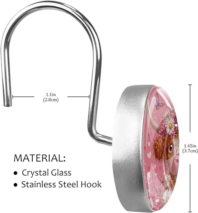 Pink Florals and Highland Cow Rust Proof Shower Curtain Hooks 12Pcs for Bathroom Shower Rod, Decorative Shower Hooks Shower Curtain Hanger Rings Roller, Glass, Resin, Stainless Steel - ModernBath