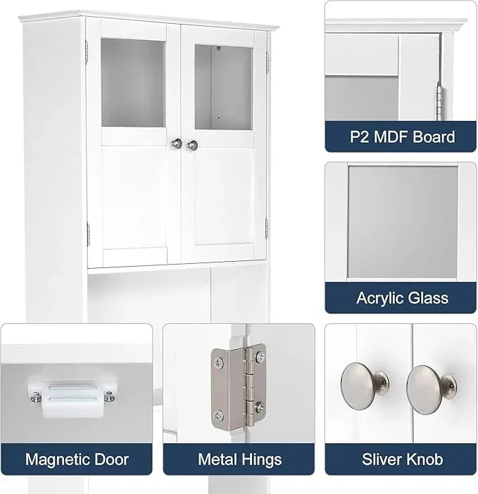 VINGLI Over The Toilet Storage Cabinet White Bathroom Storage Organizer Above The Toilet Shelf with Acrylic Glass Double Doors Wood Muebles para BañO Rack with Adjustable Shelf - ModernBath