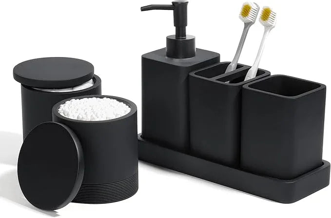 YMXYJM Bathroom Accessories Set, 6 Piece Bathroom Set with Toothbrush Holders, Soap Dispenser, Vanity Tray, Tumbler, Cotton Swab Jars, Bathroom Organizer，Bathroom Sink Sets, Matte Black - ModernBath