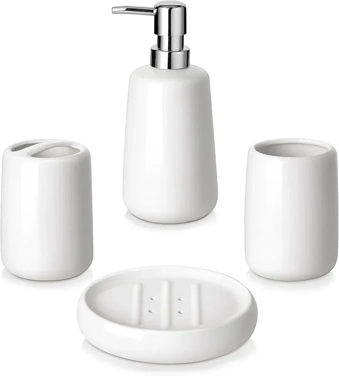 vancasso White Bathroom Accessories Set, Ceramic Soap Dispenser and Toothbrush Holder Sets, Stoneware 4 Pcs Bathroom Sink Set for Modern Home Decor - ModernBath