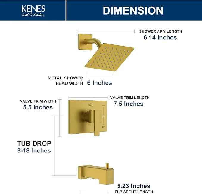 KENES Brushed Gold Tub and Shower Trim Kit, Square Tub Shower Faucet Set Complete with 6-Inch Rainfall Shower Head and Tub Spout, KE-6025A-4 (Shower Valve Included) - ModernBath