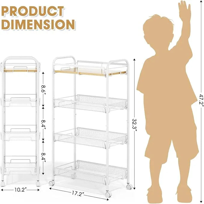 TOOLF 4-Tier Rolling Cart, Metal Utility Cart, Slide Out Storage Cart with Wooden Tabletop and Mesh Baskets, Easy Assemble Trolley for Kitchen Bathroom Laundry Room Bedroom Apartments Dormitory - ModernBath