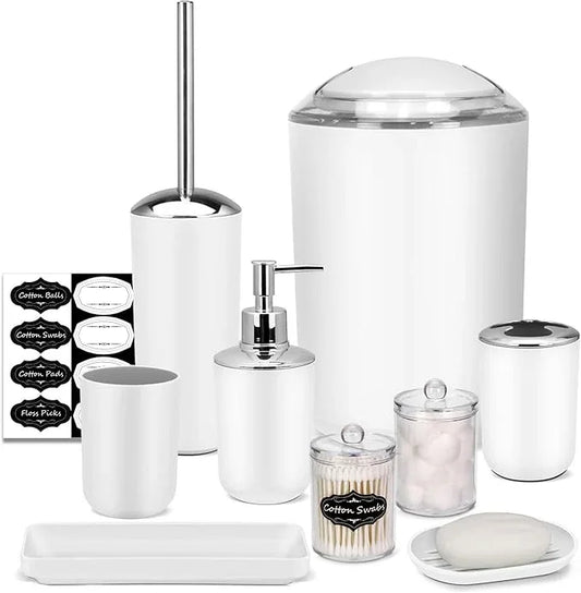White Bathroom Set,9 Piece Bathroom Accessories Set,Tray,Soap Dispenser,Toothbrush Holder,Toothbrush Cup,Soap Dish,Toilet Brush,Qtip Holders,Trash Can for Bathroom Décor and Housewarming Gifts - ModernBath