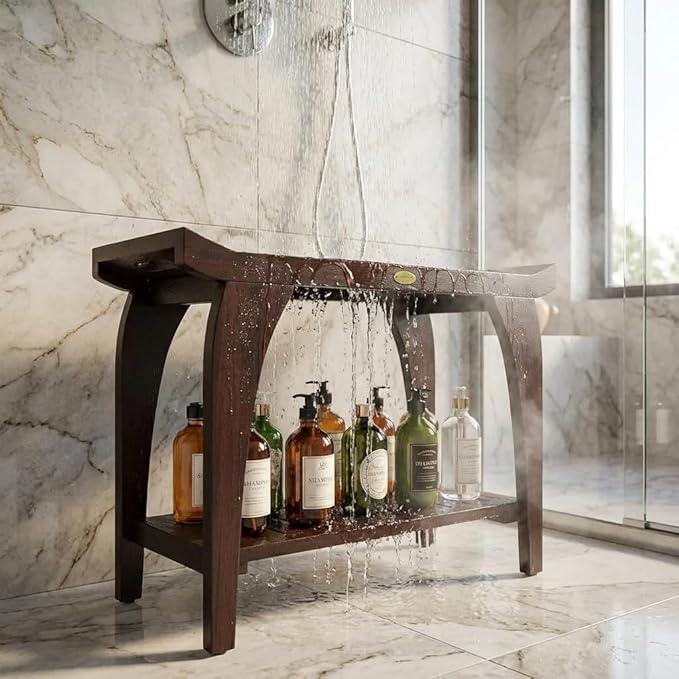 DecoTeak Tranquility 30 Inch Extended Height Brown Waterproof Teak Wood Shower Bench Stool Seat Chair for Inside Shower Storage Shelf Provides Safety Storage and Organization for Bathroom Accessories - ModernBath