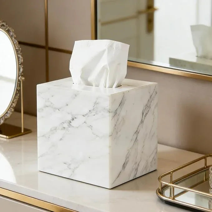 Natural Marble White Tissue Box Cover, Heavy Duty Nature Stone Tissue Box Holder, Elegant & Luxurious Grey Square Toilet Tissue Box Holder for Bathroom, Bedroom, Living Room, Office - ModernBath