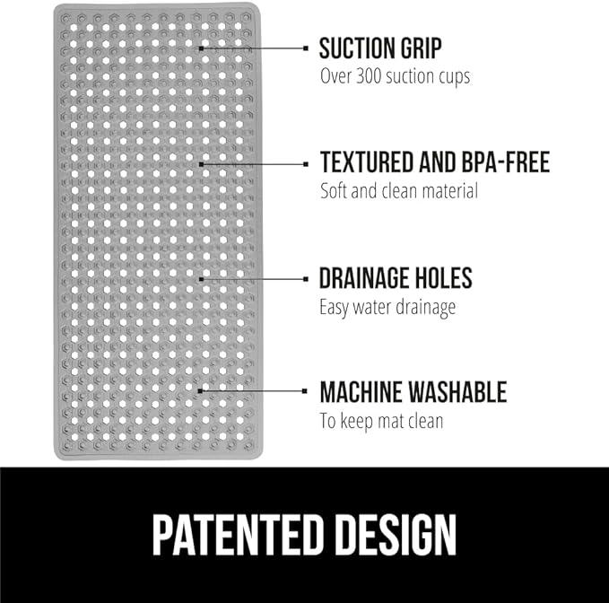 GORILLA GRIP Patented Bath Tub Shower Mat, Machine Washable Bathtub Floor Liner Mats, Suction Cups and Drain Holes to Keep Tubs Clean, Soft on Feet, Bathroom Essentials, 35x16 Inch, Gray Opaque - ModernBath