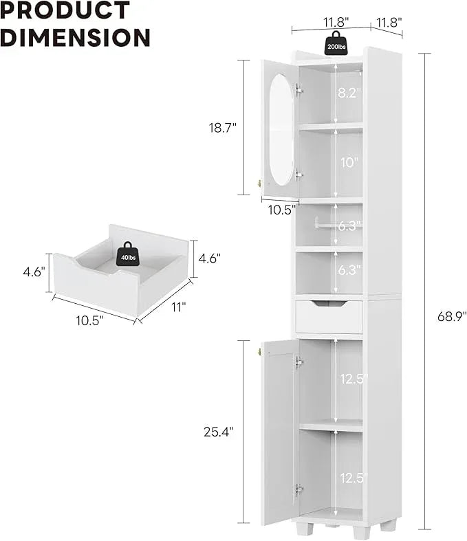 LIKIMIO 69" H Tall Bathroom Storage Cabinet with 2 Doors & 1 Drawer, Narrow Adjustable Shelves & Pull-Out Tissue Holder, Slim Freestanding Cabinet for Small Spaces, Kitchen, Entryway, White - ModernBath