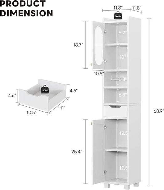 LIKIMIO 69" H Tall Bathroom Storage Cabinet with 2 Doors & 1 Drawer, Narrow Adjustable Shelves & Pull-Out Tissue Holder, Slim Freestanding Cabinet for Small Spaces, Kitchen, Entryway, White - ModernBath