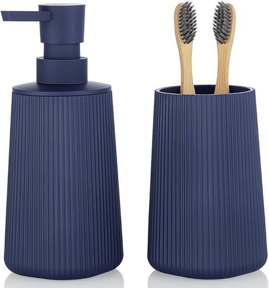 YAUKPH Bathroom Accessories 2 Piece Soap Dispenser and Toothbrush Holder Set Striped Navy Blue