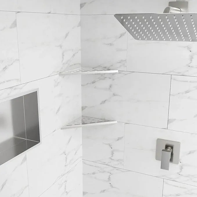 POPFLY 10" Silver Stainless Steel Corner Shower Shelf 2PCS, 304 SS Recessed Bathroom Shelves for Tile Walls, No Drilling Needed, Floating Shower Caddy with Drainage Slots, PF7501L - ModernBath