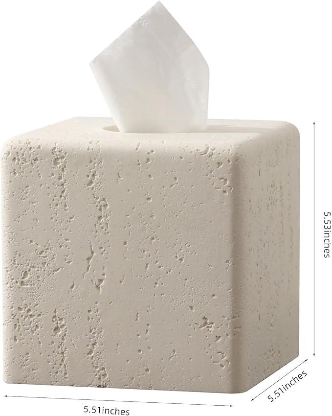 Haocoott Tissue Box Cover Square, Resin Facial Tissue Holder Covers Toilet Paper Holder Decorative Travertine Paper Dispenser Home Decor for Bathroom Bedroom Living Room Office (Off White) - ModernBath