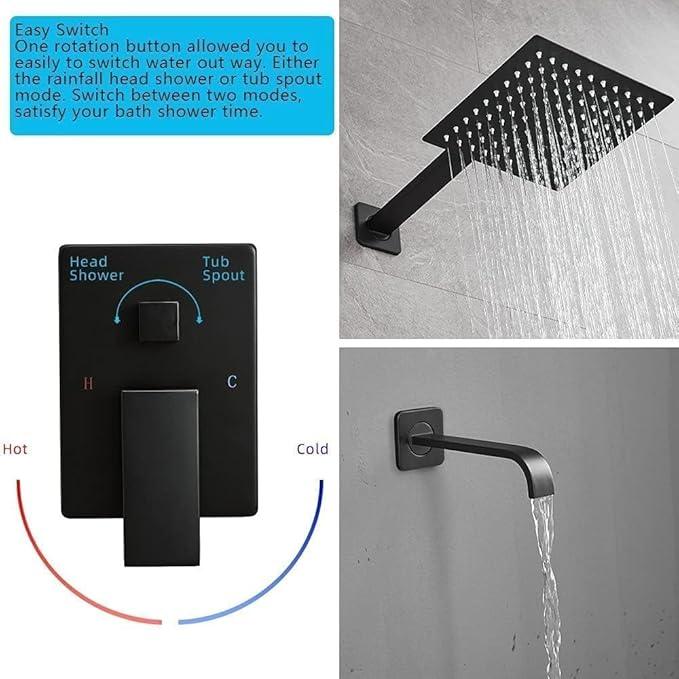 Heable Matte Black Shower Faucet Set with Tub Spout Bathroom Luxury Rain Mixer Shower Head System Wall Mounted Shower Faucet Complete, Single Handle Tub and Shower Trim Kit with Rough-in Valve - ModernBath
