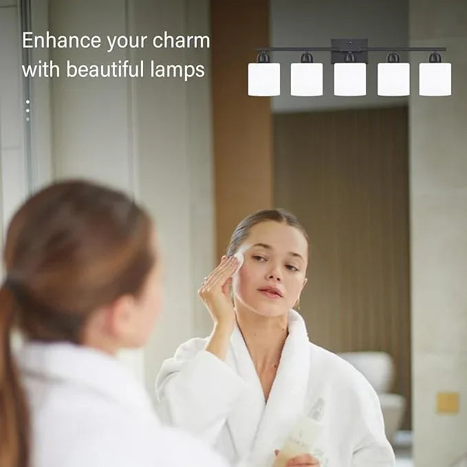 5-Light Black Bathroom Vanity Light, Black Vanity Light with Milky White Frosted Glass Shades, Modern Vanity Light Fixture for Bathroom Mirror, Bedroom, Living Room, Hallway, Vanity Table, E26 Base - ModernBath
