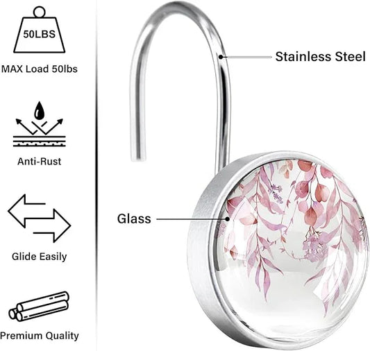 12 Pcs Pink Eucalyptus Shower Curtain Hooks - Decorative Shower Curtain Hooks Rings Set - Stainless Steel Round Resin Shower Rings Hangers for Modern Bathroom Home Bath Room Rods Decor - ModernBath