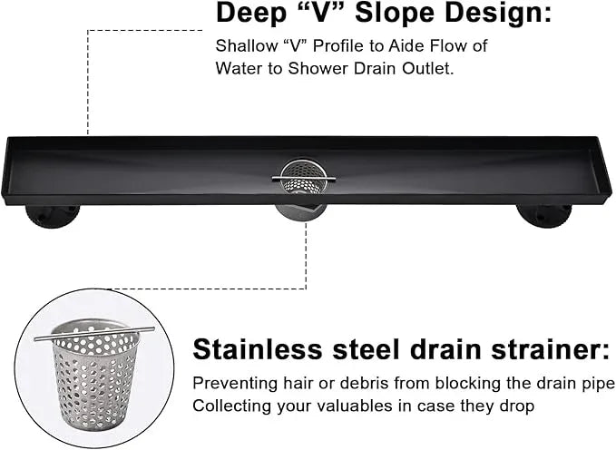 Linear Shower Floor Drain, Black 60 Inch 304 Stainless Steel Bathroom Drains Kit, Rectangular Shower Trench Drain with Reversable Tile-in Pattern Drain Cover & Hair Catcher - ModernBath