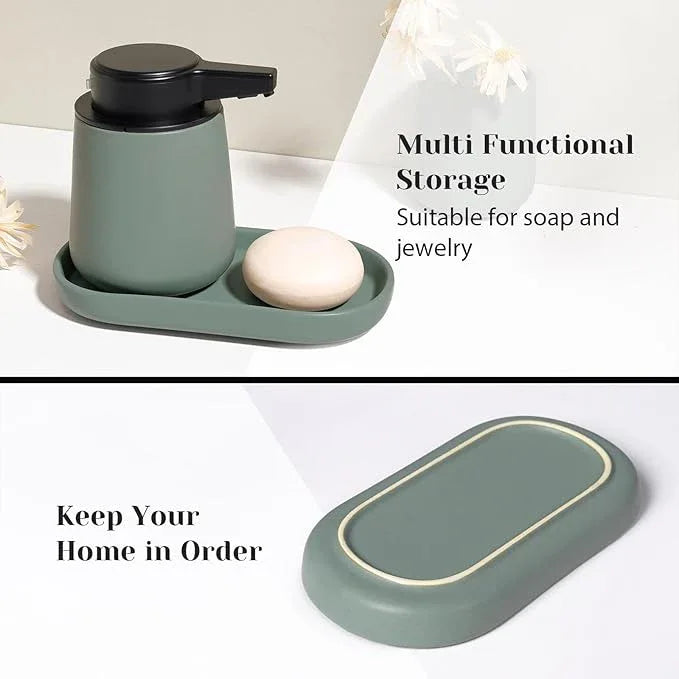 INGOFIN Automatic Ceramic Bathroom Accessory Set - 3 Pcs Auto Liquid Soap Dispenser Touchless, Toothbrush Holder & Tray, Smart Electric Bathroom Counter Set for Home, Guest Room, or Office, Green - ModernBath
