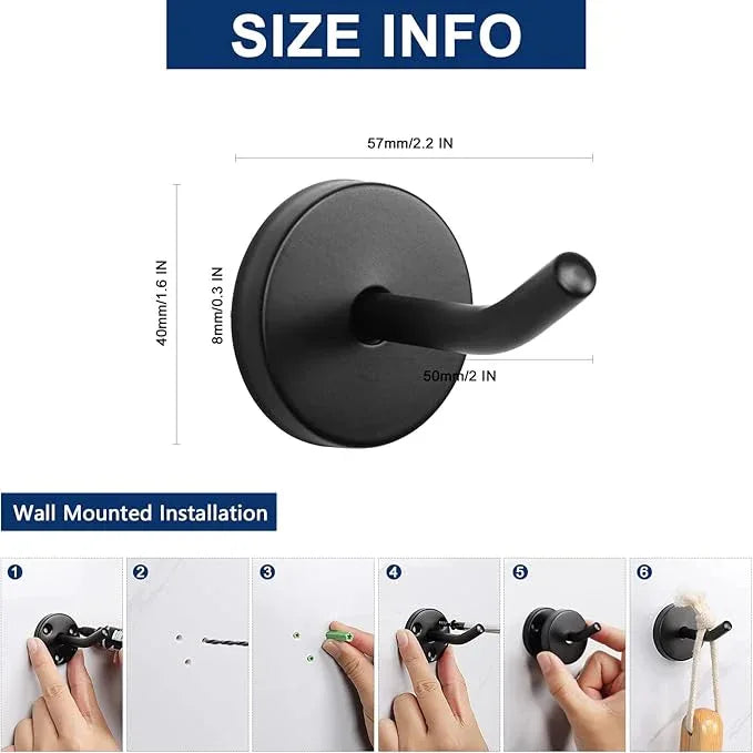 NearMoon Coat Hooks, Wall Mount Hooks for Hanging Hat Hurse Robe, 304 Stainless Steel Heavy Duty Towel Hangers for Bathroom Livingroom Hotel Kitchen Garage, 6 Pack (2 Inch, Matte Black) - ModernBath