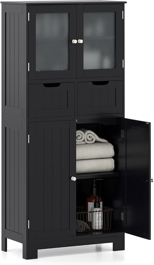 Tangkula Bathroom Storage Cabinet, Floor Cabinet w/2 Double Doors Cabinet, 3-Position Adjustable Shelves, Glass Doors Storage Organizer for Bathroom Living Room Kitchen (Cabinets & Drawers, Black)
