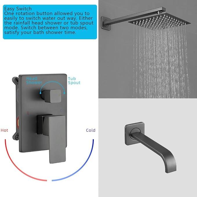 Heable Grey Shower Faucet Set with Tub Spout Bathroom Luxury Rain Mixer Shower Head System Wall Mounted Shower Faucet Complete, Single Handle Tub and Shower Trim Kit with Rough-in Valve - ModernBath