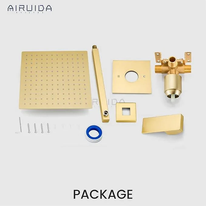 Airuida Shower Faucet Set Bathroom Rain Shower System SUS304 Stainless Steel Single Handle With Male Threads Rough-in Valve Shower Trim Kit 12 Inch Wall Mount Shower Head Brushed Gold - ModernBath