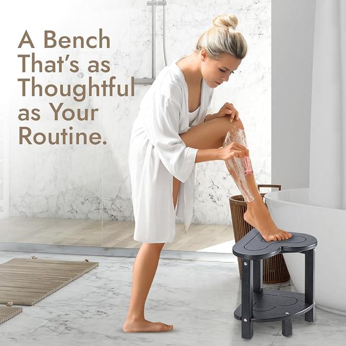 UHA Corner Shower Stool for Inside Shower - Waterproof Corner Shower Bench, HDPE Plastic Bathroom Bench, Adjustable Height Corner Chair for Shaving Legs,Storage Shelf,Non-Slip Feet，Black - ModernBath