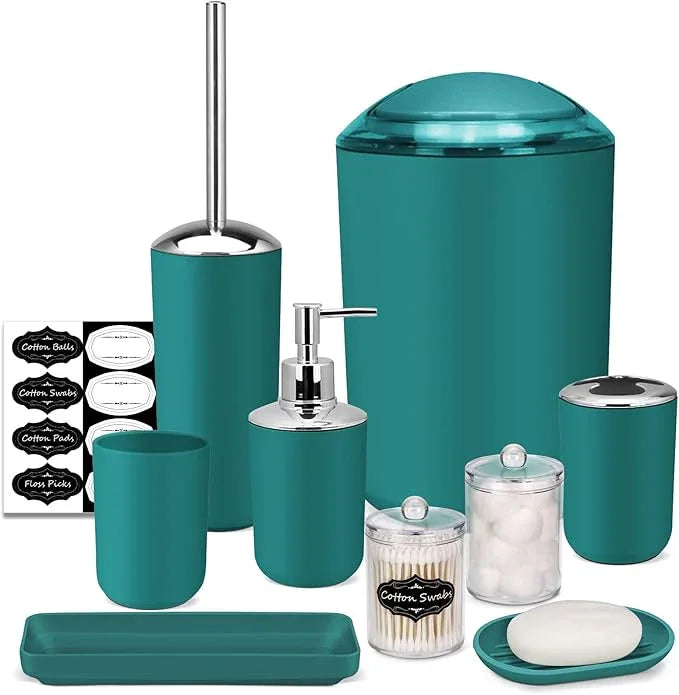 IMAVO Bathroom Accessories Set,Peacock Green Bathroom Set,9 Pieces Bathroom Accessory Set,Tray,Qtip Holders,Toilet Brush,Trash Can for Bathroom Décor and Home Gifts - ModernBath