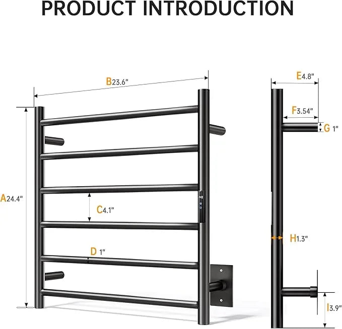 Towel Warmer Rack, Heated Towel Racks for Bathroom, Wall Mounted Towel Warmer, Stainless Steel 6-Bars Drying Rack with Intelligent Touch Screen Timer, Matte Black - ModernBath