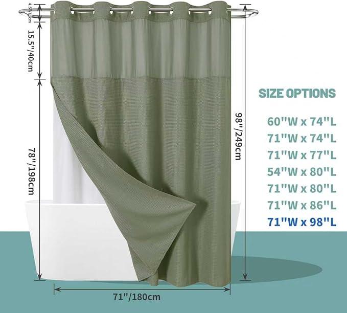 eachope SageGreen Extra Long No Hook Waffle Weave Shower Curtain with snap-in Liner Replacement, 230GSM Waterproof Fabric Hotel Shower Curtain Set for Bathroom, Through Mesh Top Window,71Wx98H - ModernBath