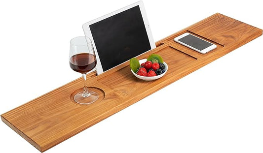 VaeFae Teak Bathtub Tray Table, Wooden Bath Board for Tub with Wine and iPad Holder