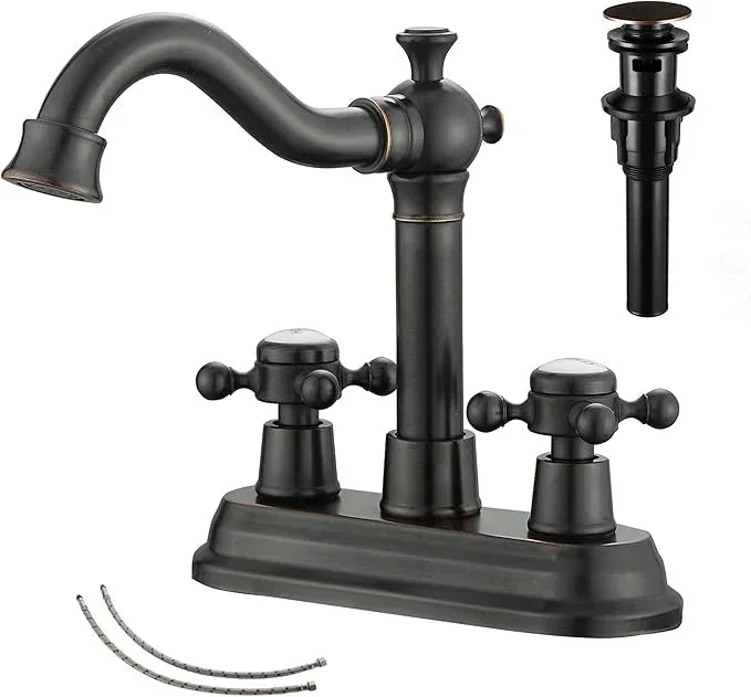 GGStudy Bathroom Faucet Oil Rubbed Bronze 2 Handles 4 Inches Centerset Bathroom Vanity with Drain Assembly and Supply Hose Lavatory Faucet - ModernBath