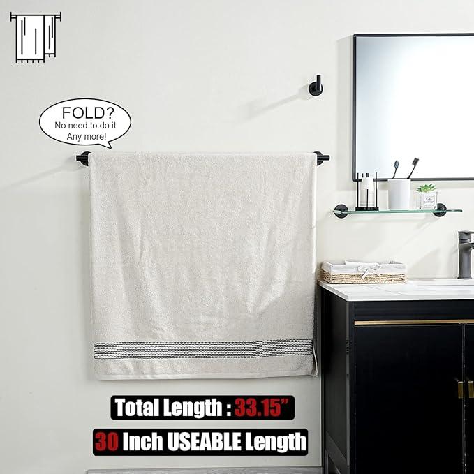 JQK Black Bath Towel Bar, 33 Inch 304 Stainless Steel Thicken 0.8mm Towel Rack Bathroom, Towel Holder Matte Black Wall Mount, Useable Length 30 Inch, TB110L30-PB - ModernBath