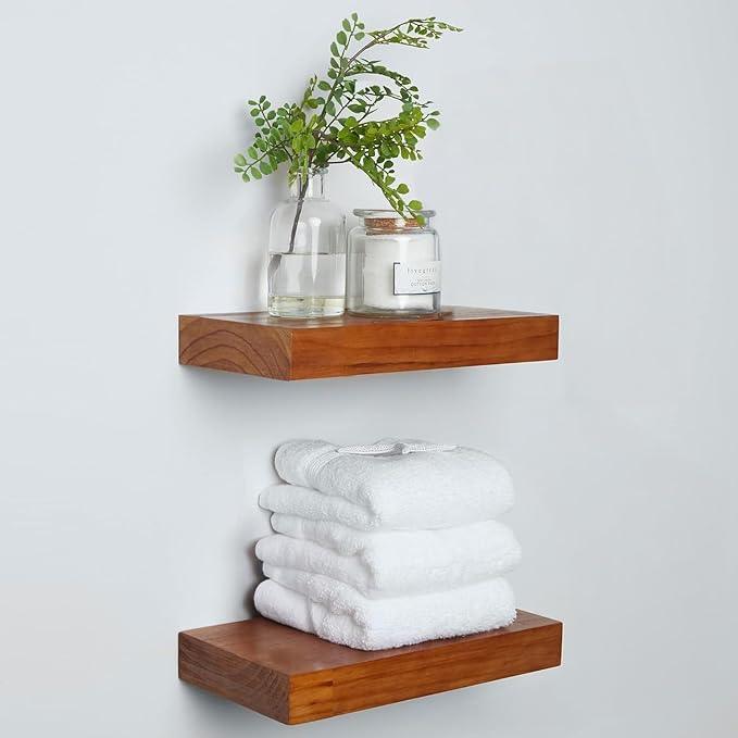 Homeforia 12 inch Oak Floating Shelf, High End Solid Real Wood 12inch Small Floating Shelves for Wall Mounted, Honey Oak Wooden 12in Floating Shelves, Heavy Duty Bracket, 12 X 6.5 X 1.75 in, Set of 2 - ModernBath