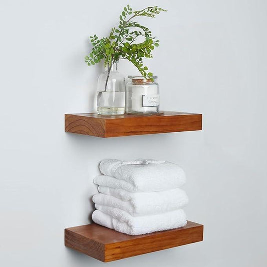 Homeforia 12 inch Oak Floating Shelf, High End Solid Real Wood 12inch Small Floating Shelves for Wall Mounted, Honey Oak Wooden 12in Floating Shelves, Heavy Duty Bracket, 12 X 6.5 X 1.75 in, Set of 2 - ModernBath