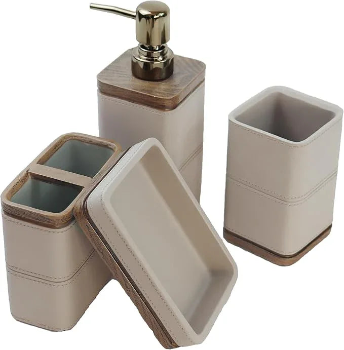 Hymmah Leather Pattern Design Bathroom Accessories Set,Farmhouse Bathroom Decor,4 Pcs Resin Gift Set Apartment Necessities, Contain Cotton Swab Jar,Soap Dispenser,Tumbler，Soap Dish/Tray - ModernBath