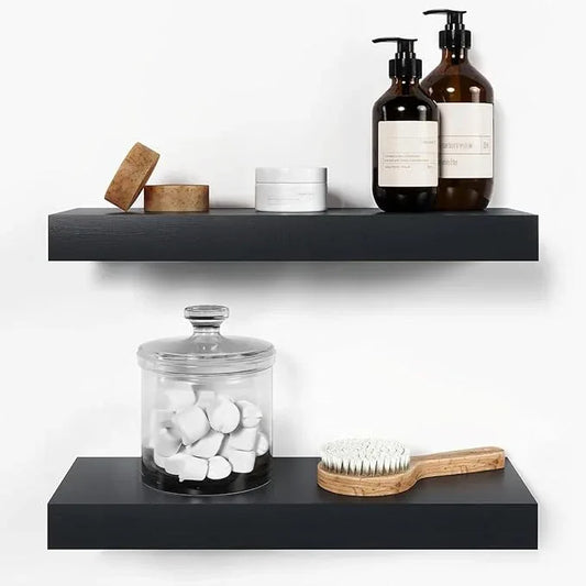 Homeforia Black Floating Shelf 18 inch, High End Solid Real Wood 18inch Bathroom Floating Shelves for Wall Mounted, Black Wooden 18in Floating Shelves, Heavy Duty Bracket, 18 X 6.5 X 1.75 in, Set of 4 - ModernBath