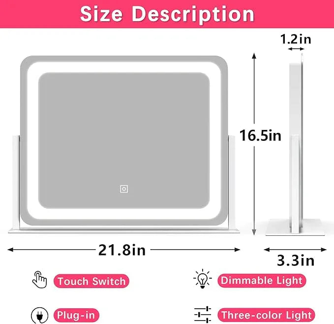 ROLOVE 22x17 Inch Lighted Vanity Mirror with Dimmable LED Lights - 3 Color Modes, Smart Touch Control & 360° Rotating Base - Desk Makeup Mirror (White) - ModernBath
