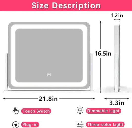 ROLOVE 22x17 Inch Lighted Vanity Mirror with Dimmable LED Lights - 3 Color Modes, Smart Touch Control & 360° Rotating Base - Desk Makeup Mirror (White) - ModernBath