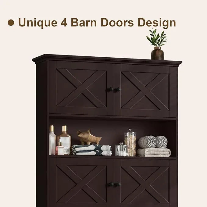 Over The Toilet Storage Cabinet, Farmhouse Storage Cabinet Over Toilet with 4 Barn Doors & Toilet Paper Holder Stand, Espresso Toilet Shelf Home Space Saver for Restroom, Bathroom, Laundry - ModernBath