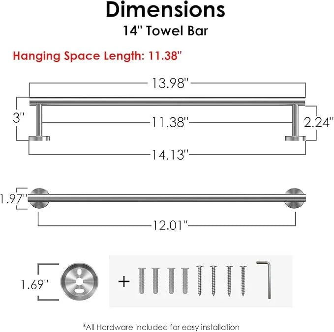 FORIOUS Towel Bar Wall Mounted, Stainless Steel Towel Racks for Bathroom, Includes Wall Mounting Hardware (Brushed Nickel, 14 Inch) - ModernBath